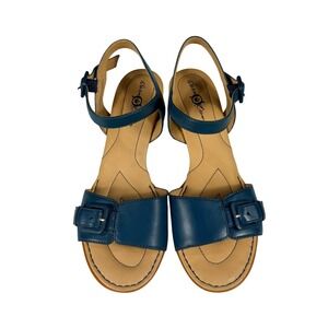 Born Crown Martine Blue Leather‎ Ankle Strap Block Heel Sandals Womens 10 N25404